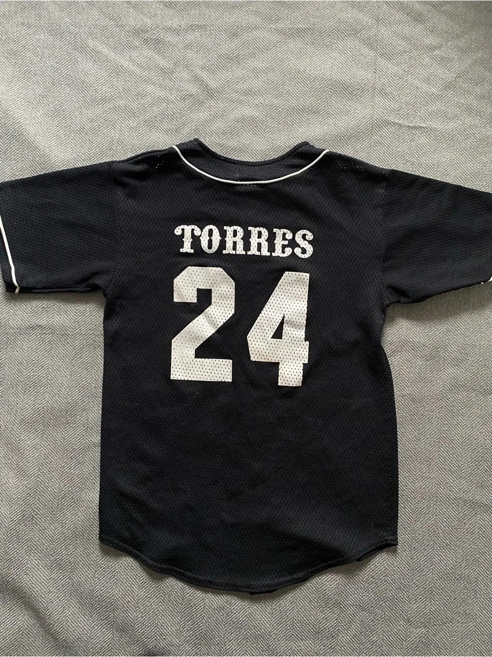 Kids Black Baseball Jersey with White Piping and Number 24